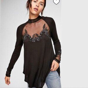 Perfect Free People Saheli long slv Embroidered Mesh Top Black Extra Small XS